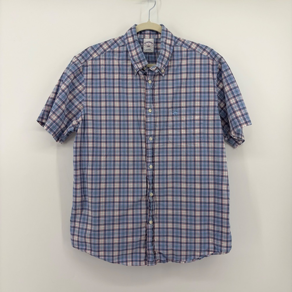 Brooks Brothers Mens Medium Blue Plaid Short Sleeve Button Down‎ Cotton Shirt